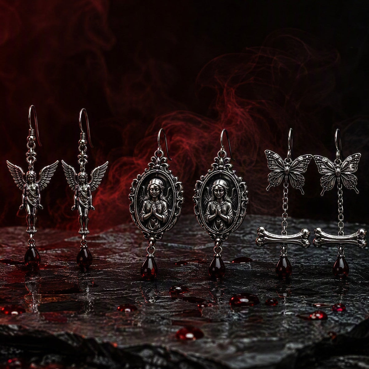 Earrings — gothic statement earrings with skull, butterfly and angel motifs by edgyfashionmz