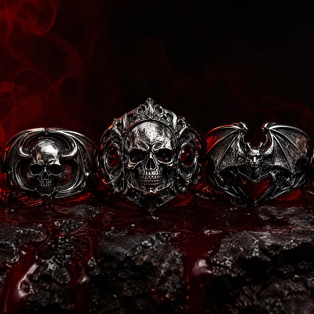 Rings — gothic statement rings with skull, bat wing and cross designs by edgyfashionmz