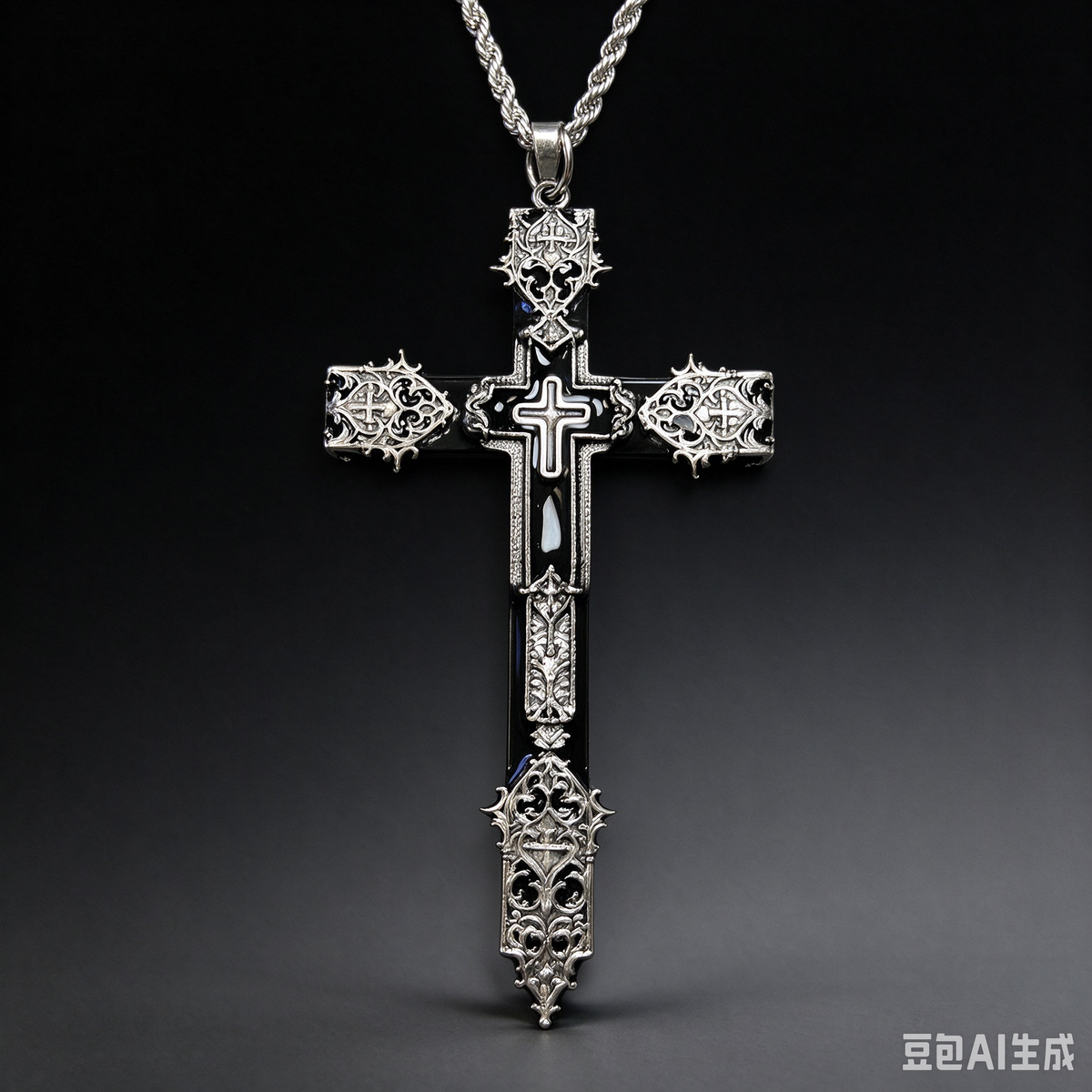 Handmade Gothic Black Silver Filigree Cross Necklace, Baroque Ornate Thorn Cross Pendant, Punk Dark Alternative Statement Jewelry