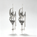 Gothic Sphinx Winged Dangle Earrings, Antique Silver Sphinx Statue with Cross Star Chain Tassel, Dark Occult Mythology Statement Ear Jewelry