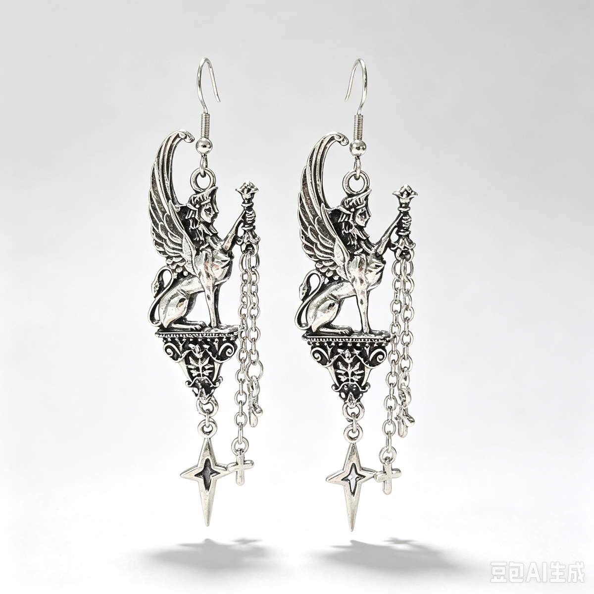 Gothic Sphinx Winged Dangle Earrings, Antique Silver Sphinx Statue with Cross Star Chain Tassel, Dark Occult Mythology Statement Ear Jewelry