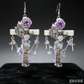 Handmade Gothic Purple Rose Skull Cross Earrings | Amethyst Haunted Castle Dangle Earrings