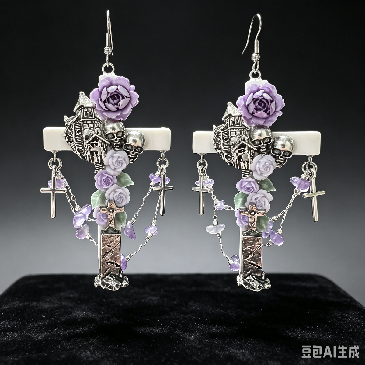 Handmade Gothic Purple Rose Skull Cross Earrings | Amethyst Haunted Castle Dangle Earrings