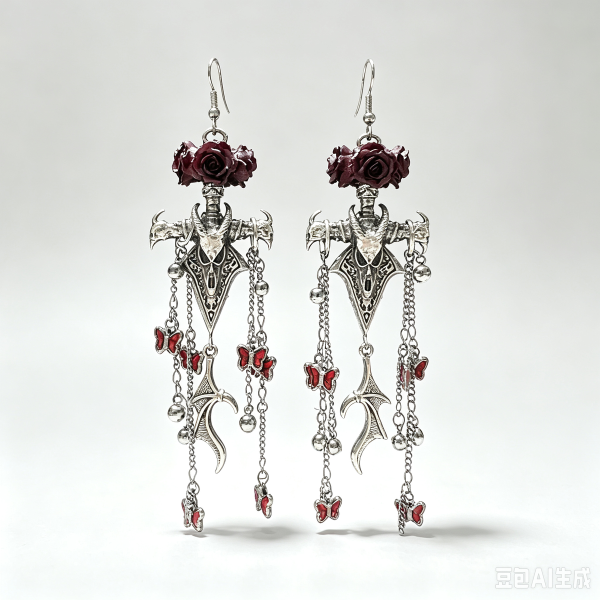 Gothic Goat Skull Cross Sword Dangle Earrings, Dark Burgundy Rose with Red Butterfly Chain Tassel, Occult Witchy Alternative Statement Ear Jewelry