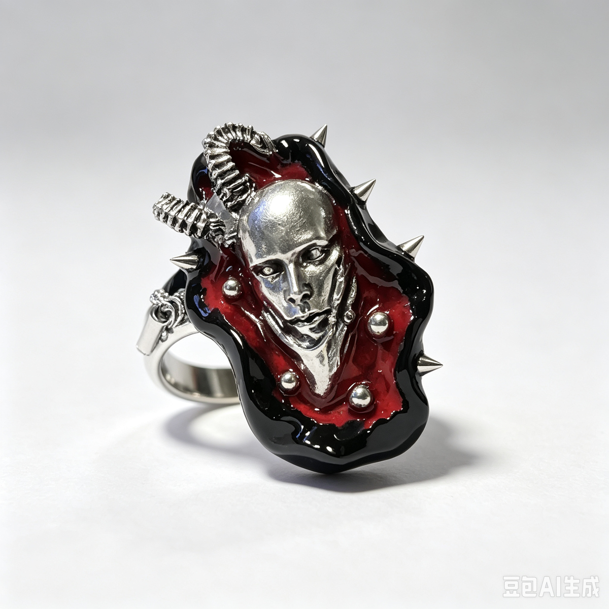 Gothic Demon Face Spiked Ring, Handmade Resin Devil Head Statement Ring, Black Red Occult Dark Fantasy Adjustable Ring