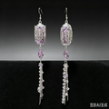 Handmade Gothic Cathedral Glass Vial Tassel Dangle Earrings | Purple Amethyst Filigree Long Drop Earrings