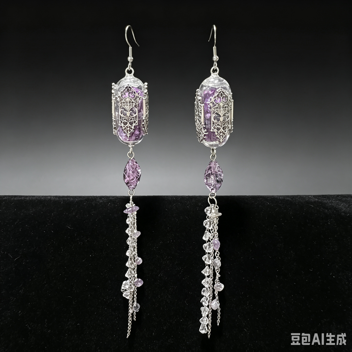 Handmade Gothic Cathedral Glass Vial Tassel Dangle Earrings | Purple Amethyst Filigree Long Drop Earrings