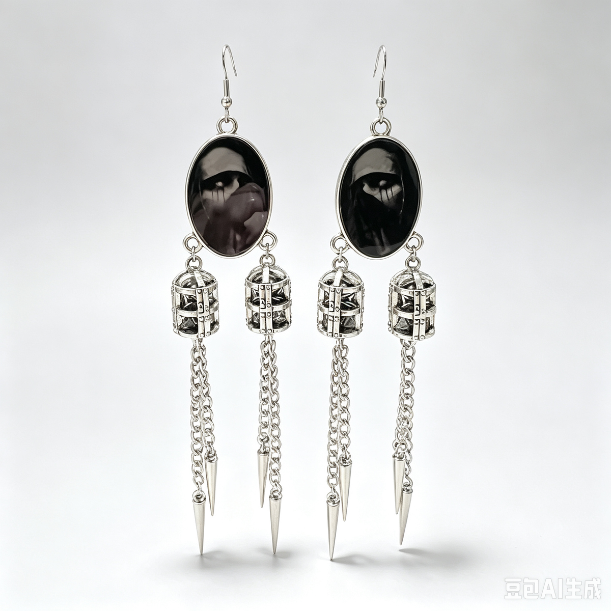 Gothic Dark Portrait Cage Dangle Earrings, Oval Spooky Face Photo Charm with Metal Cage & Spike Chain Tassel, Punk Alternative Statement Ear Jewelry