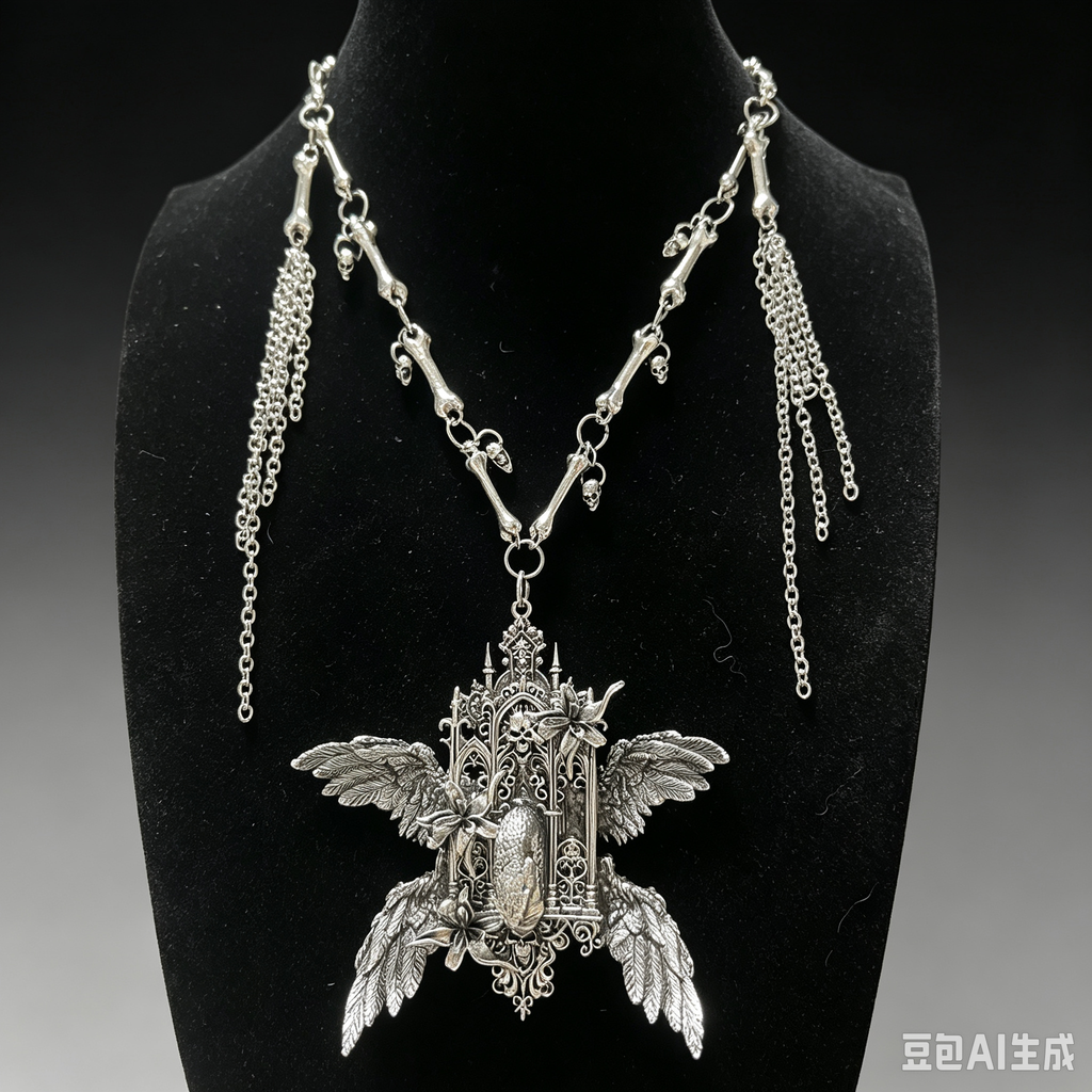 Gothic Cathedral Shrine Statement Necklace | Angel Wings Snake Skull Bone Chain Tassel Necklace