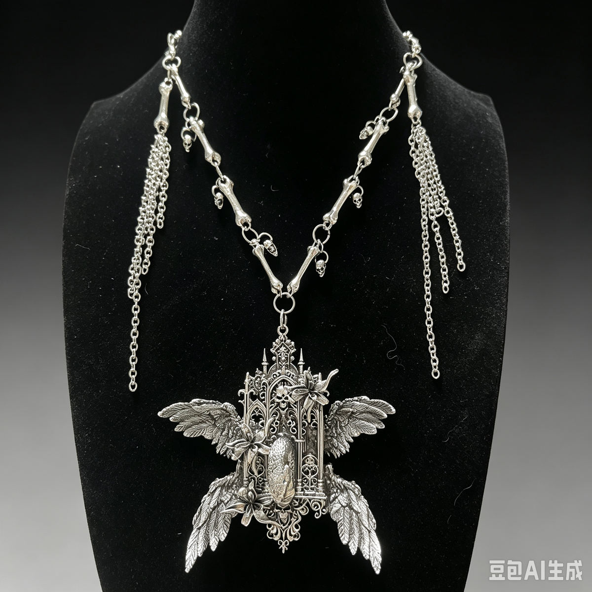 Gothic Cathedral Shrine Statement Necklace | Angel Wings Snake Skull Bone Chain Tassel Necklace