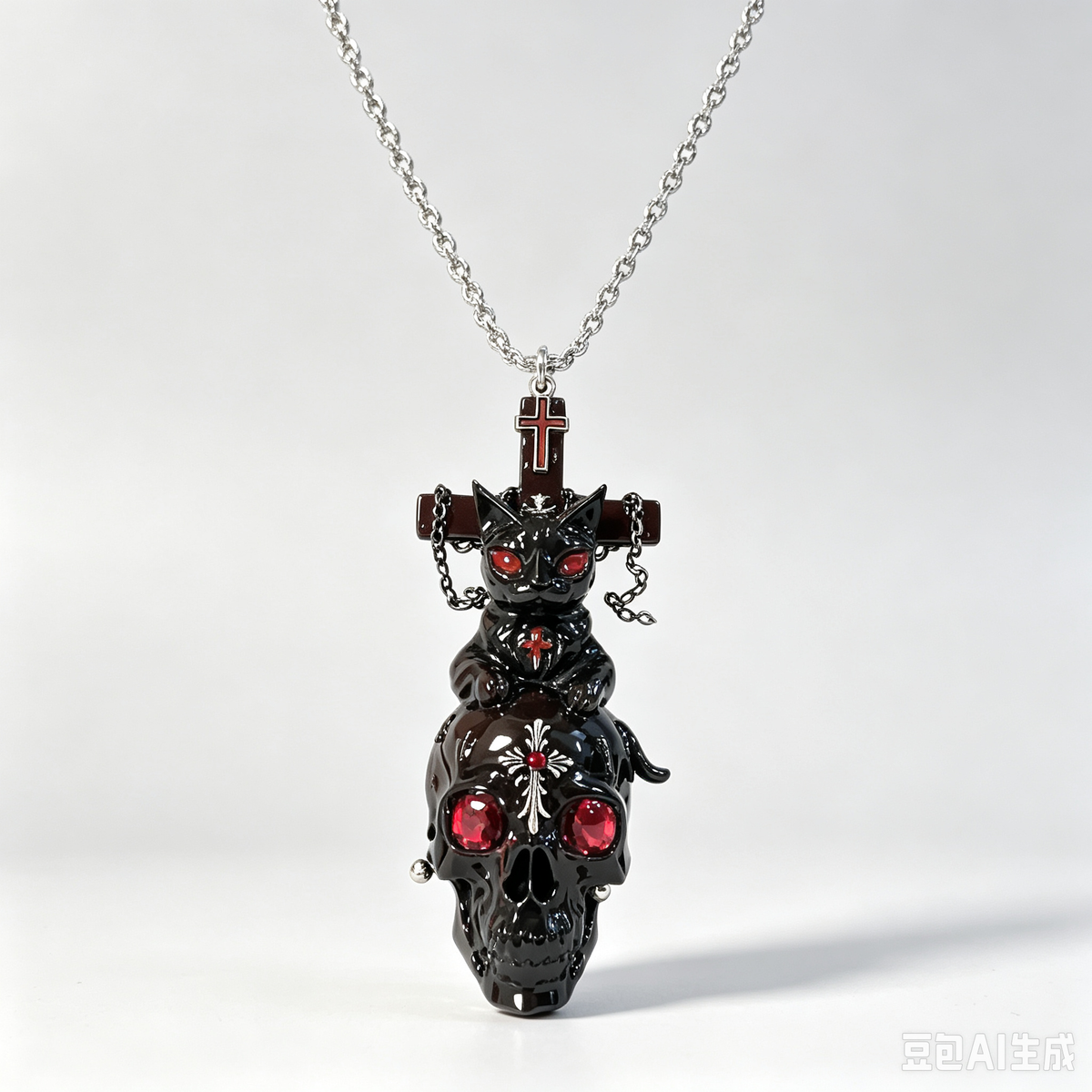 Gothic Black Cat Skull Cross Pendant Necklace, Handmade Resin Dark Occult Necklace with Red Rhinestone Eyes, Punk Alternative Statement Jewelry