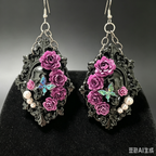 Gothic Baroque Frame Dangle Earrings | Skull Purple Rose Butterfly Pearl Statement Earrings
