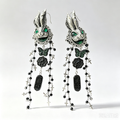 Gothic Dark Rabbit Portrait Dangle Earrings, Green Crystal Bunny Head with Cross & Butterfly Tassel, Macabre Alice Alternative Statement Earrings