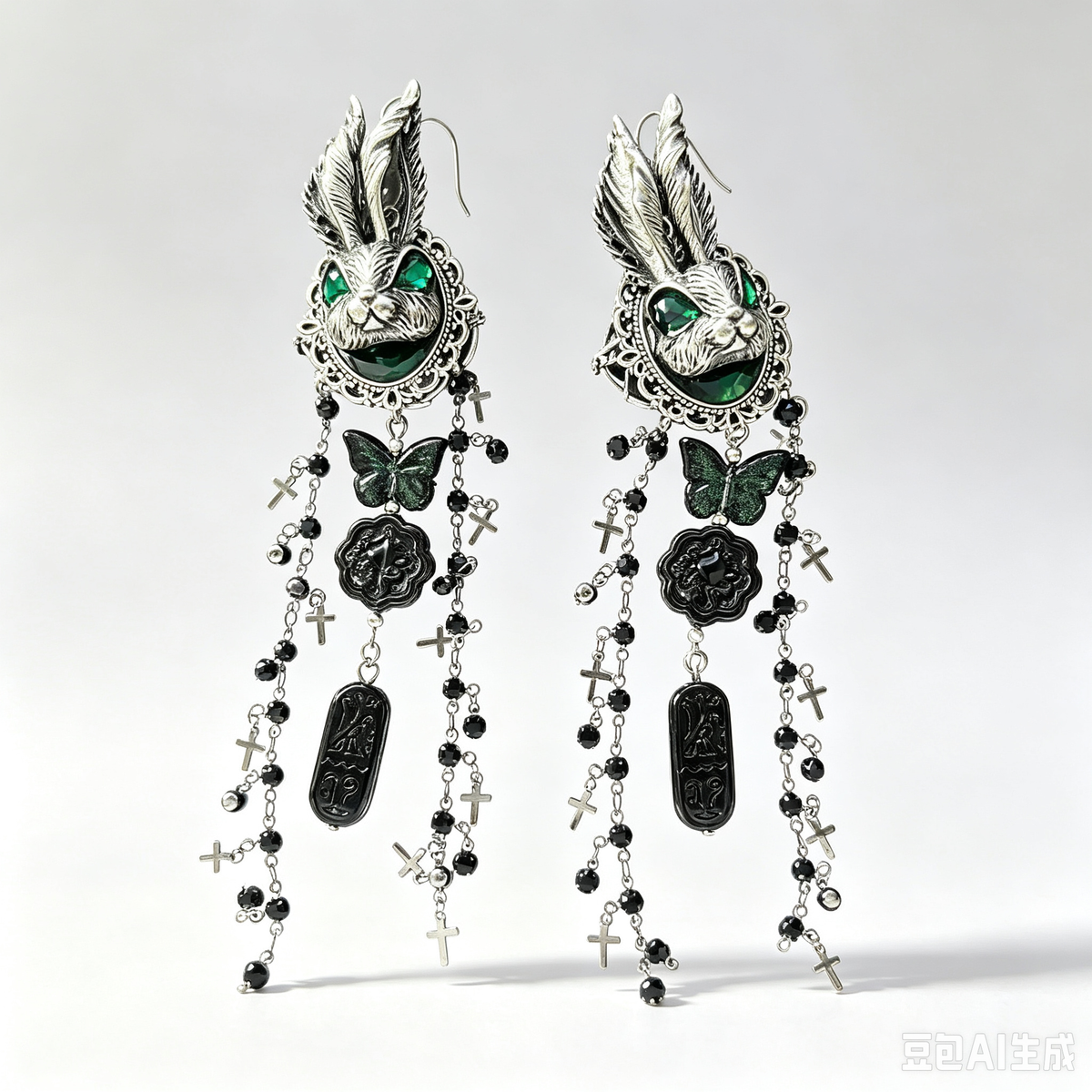 Gothic Dark Rabbit Portrait Dangle Earrings, Green Crystal Bunny Head with Cross & Butterfly Tassel, Macabre Alice Alternative Statement Earrings