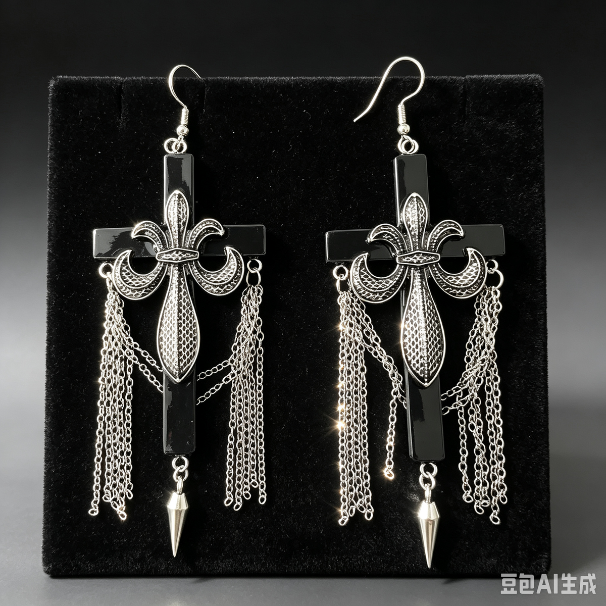 Gothic Cross Fleur-de-lis Tassel Dangle Earrings | Spike Chain Fringe Statement Earrings