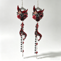 Gothic Demon Horn Rose Dangle Earrings, Red Floral Devil Charm with Mermaid Tail Tassel, Macabre Dark Fantasy Statement Ear Jewelry