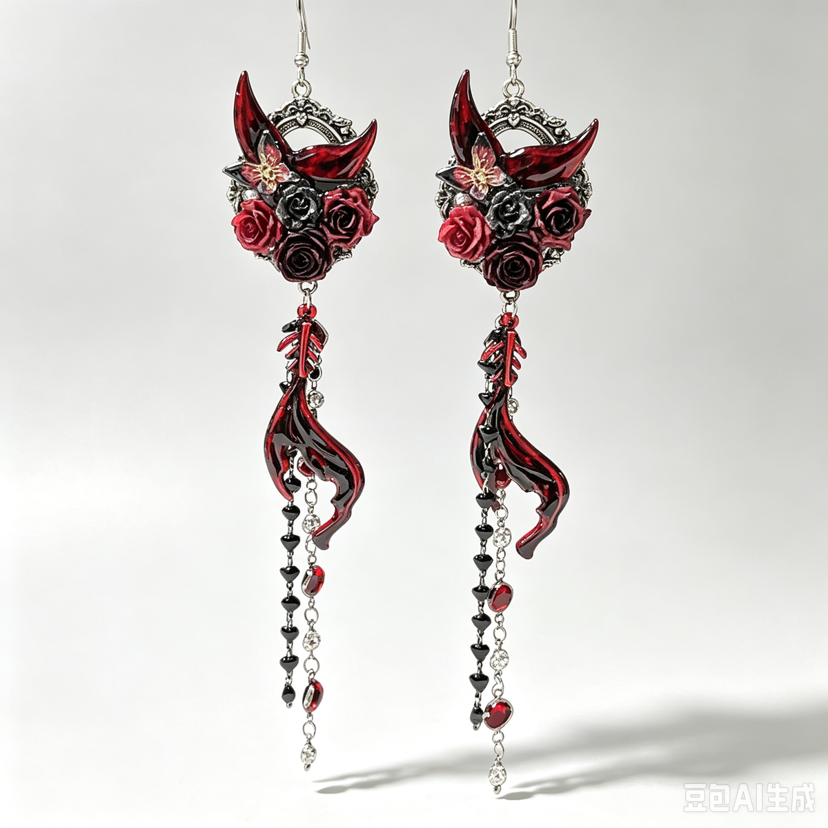 Gothic Demon Horn Rose Dangle Earrings, Red Floral Devil Charm with Mermaid Tail Tassel, Macabre Dark Fantasy Statement Ear Jewelry