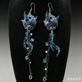Gothic Blue Bird Rose Dangle Earrings | Baroque Frame Heart Crystal Chain Fringe Statement Earrings