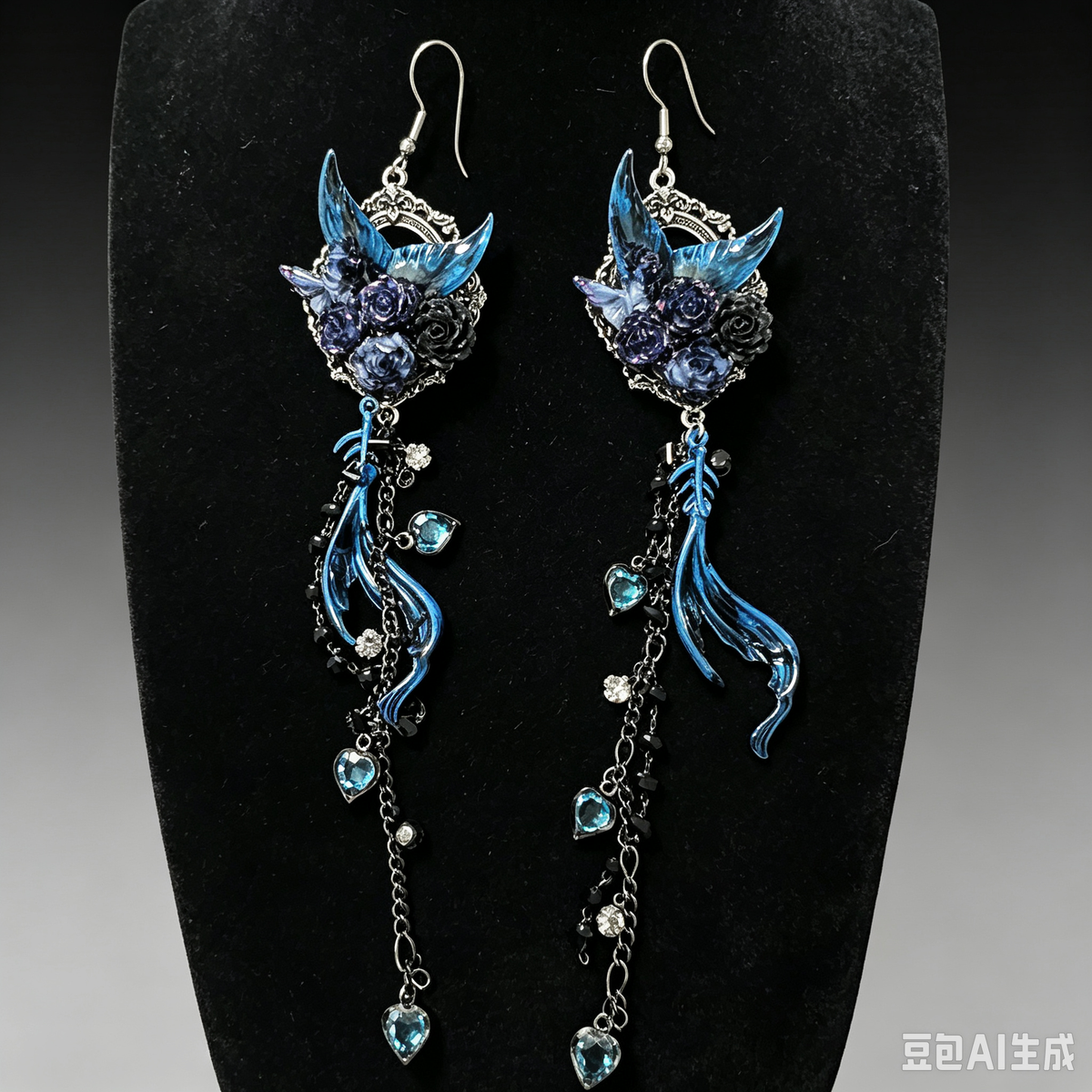Gothic Blue Bird Rose Dangle Earrings | Baroque Frame Heart Crystal Chain Fringe Statement Earrings