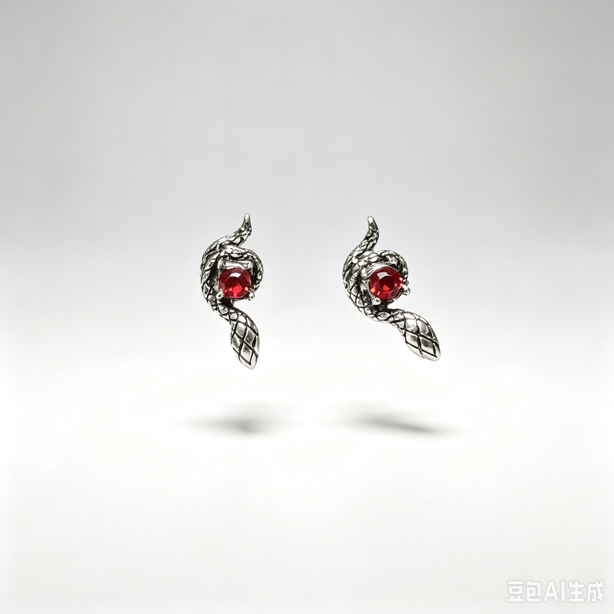 Gothic Serpent Stud Earrings, Antique Silver Snake Earrings with Red Crystal, Dark Punk Occult Jewelry