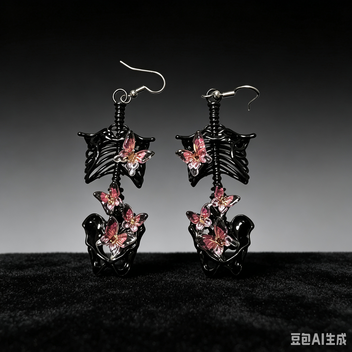 Gothic Skeleton Ribcage Butterfly Dangle Earrings | Black Bone Pink Crystal Dark Alt Earrings