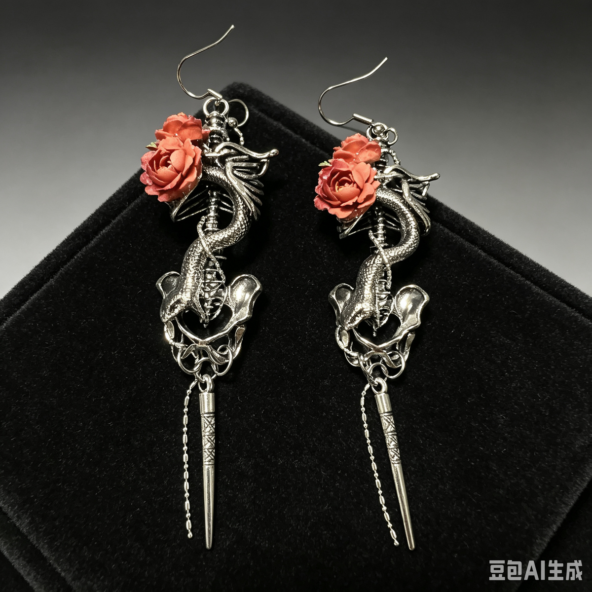 Gothic Skeleton Snake Rose Dangle Earrings | Silver Ribcage Spine Spike Chain Statement Earrings