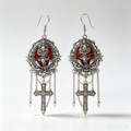 Gothic Lion Portrait Dangle Earrings, Red Enamel Antique Silver Frame with Inverted Cross Chain, Victorian Dark Occult Statement Drop Earrings