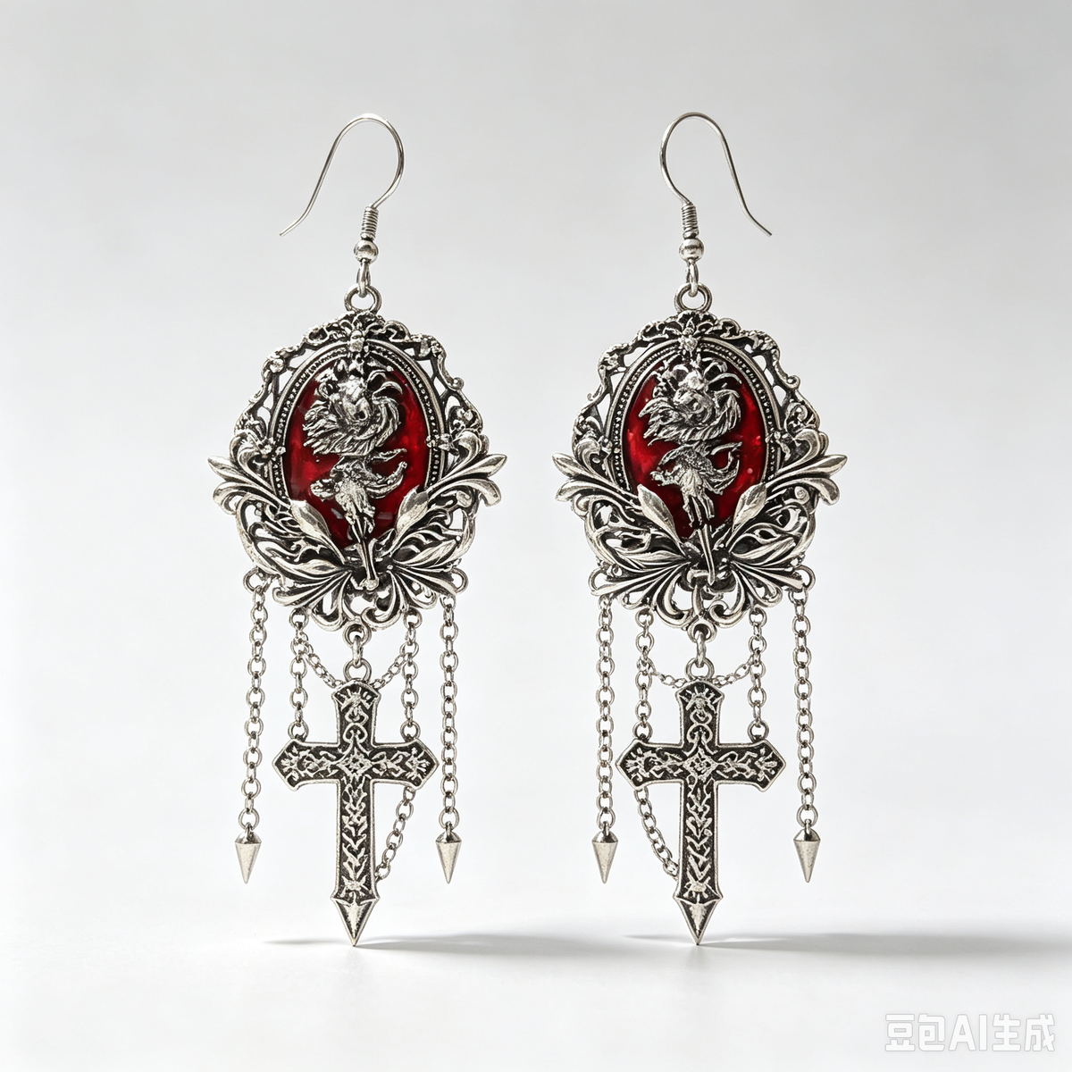 Gothic Lion Portrait Dangle Earrings, Red Enamel Antique Silver Frame with Inverted Cross Chain, Victorian Dark Occult Statement Drop Earrings