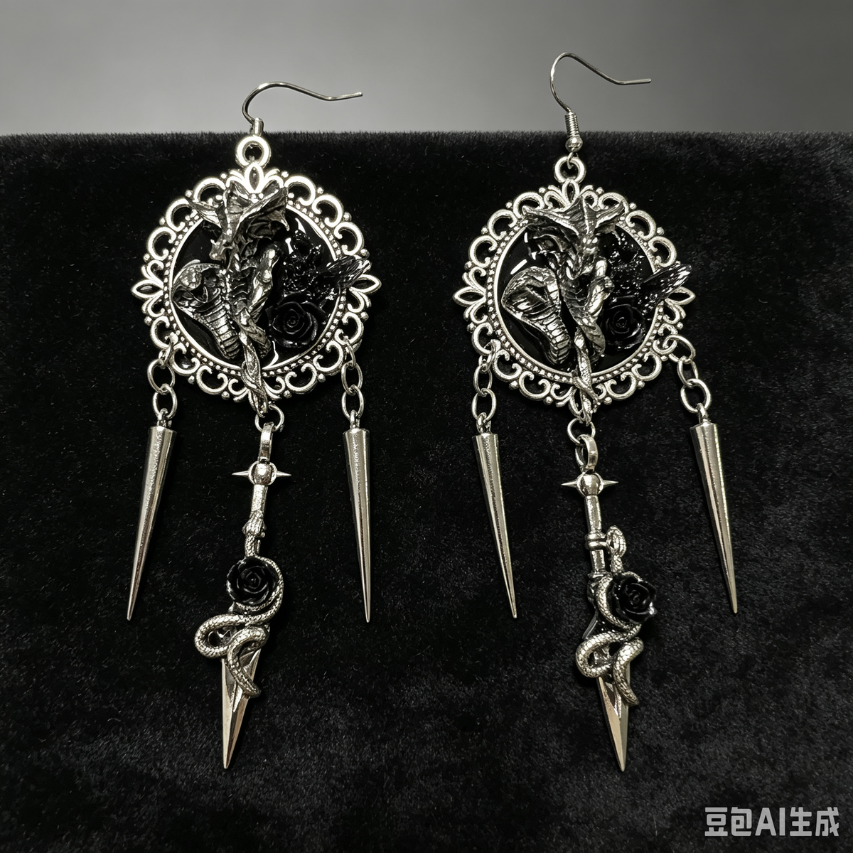 Gothic Baroque Dragon Snake Black Rose Dangle Earrings | Spike Tassel Statement Earrings