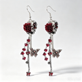 Gothic Skull Red Rose Skeleton Key Dangle Earrings, Butterfly Charm & Ruby Heart Crystal Tassel, Dark Romantic Handmade Punk Statement Drop Earrings