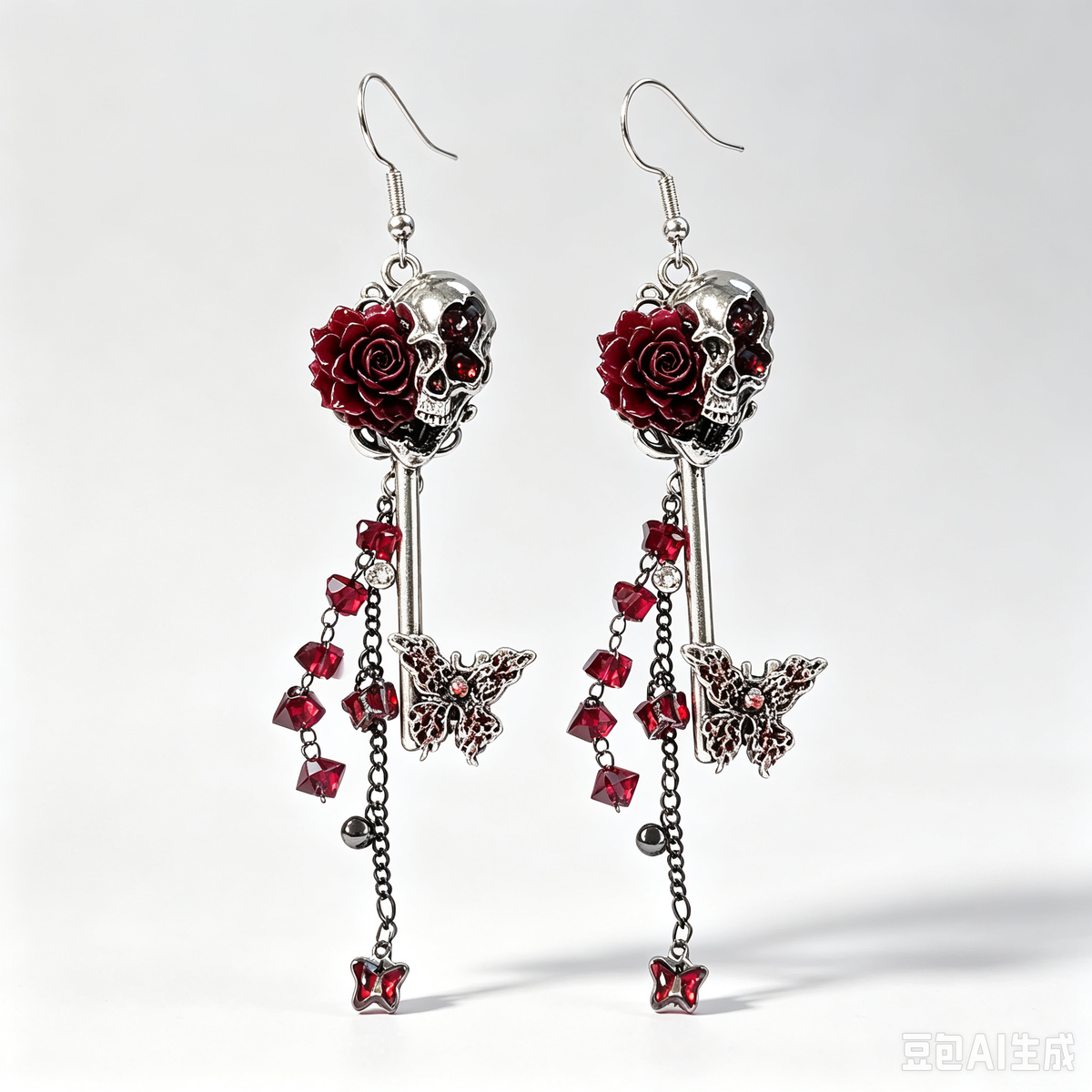 Gothic Skull Red Rose Skeleton Key Dangle Earrings, Butterfly Charm & Ruby Heart Crystal Tassel, Dark Romantic Handmade Punk Statement Drop Earrings