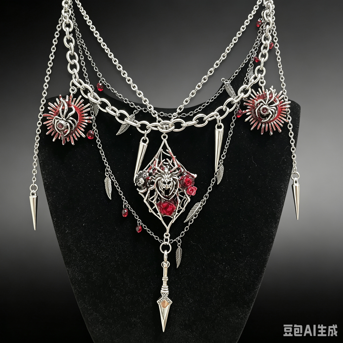 Gothic Multi-layer Spider Rose Spiked Necklace, Dark Punk Alternative Statement Pendant Necklace with Dagger & Spike Charms