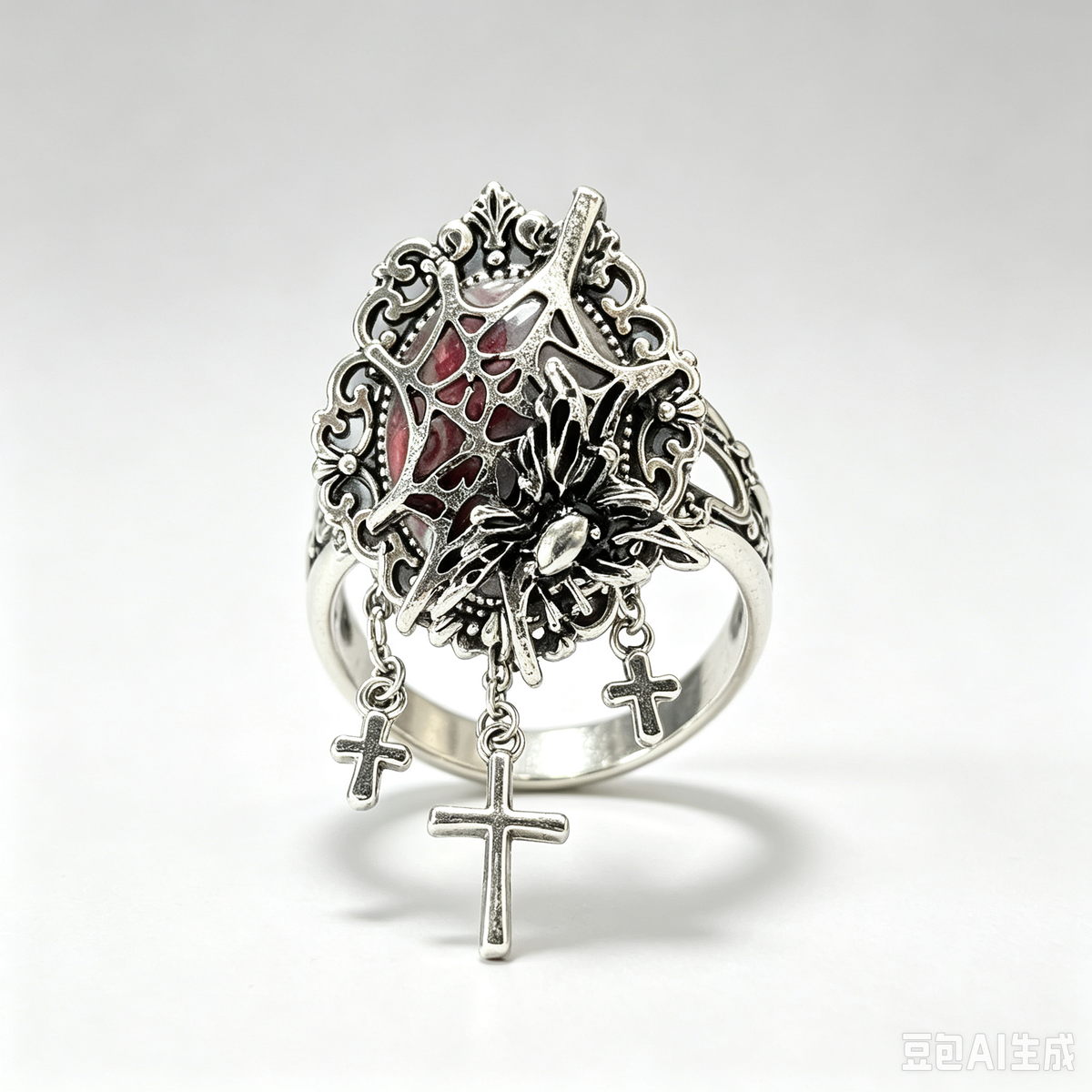 Gothic Spider Web Statement Ring, Ornate Filigree Vintage Silver Spider with Dangling Cross Charms, Dark Witchy Adjustable Cocktail Ring