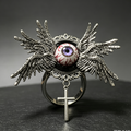 Gothic Winged Eyeball Statement Ring, Dark Punk Adjustable Ring with Hanging Cross Charm, Occult Horror Alternative Jewelry