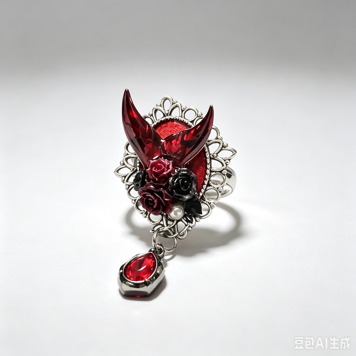 Gothic Demon Horn Statement Ring, Vintage Filigree Frame with Red & Black Roses, Teardrop Red Crystal Dangle, Dark Fantasy Occult Adjustable Cocktail Ring