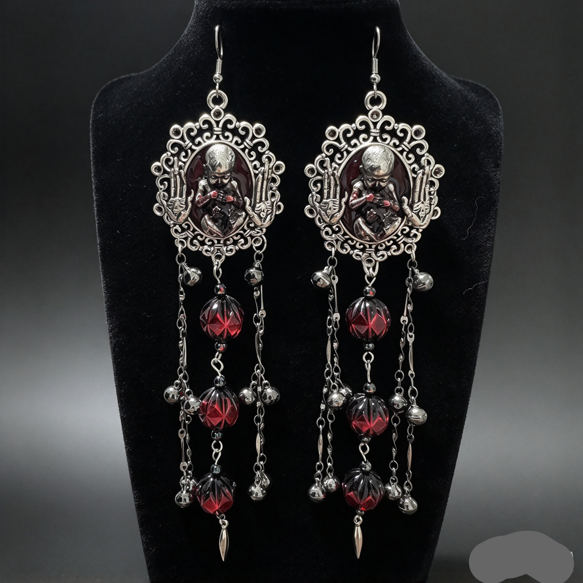 Gothic Vintage Baby Portrait Dangle Earrings, Dark Punk Long Tassel Earrings with Skull Hands, Red Black Beads & Tiny Bells, Alternative Horror Jewelry