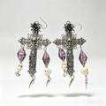Gothic Filigree Cross Dangle Earrings, Virgin Mary & Skull Motif, Purple Glass Beads, Skull Charms & Metal Spikes, Dark Religious Punk Statement Drop Earrings