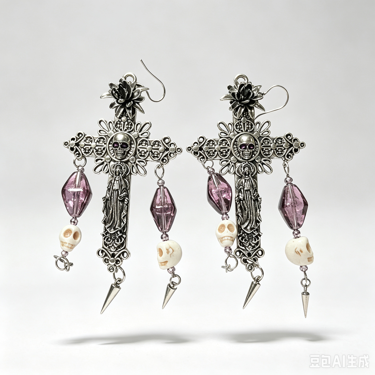 Gothic Filigree Cross Dangle Earrings, Virgin Mary & Skull Motif, Purple Glass Beads, Skull Charms & Metal Spikes, Dark Religious Punk Statement Drop Earrings