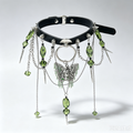 Gothic Leather Choker, Medusa Butterfly Fairy Pendant with Green Crystal Beads, Spiked Multi Layer Chain Tassel, Dark Fantasy Punk Statement Neck Collar