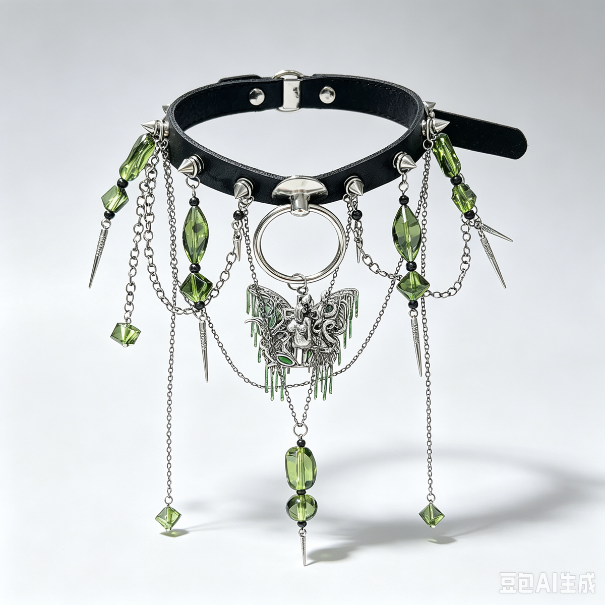 Gothic Leather Choker, Medusa Butterfly Fairy Pendant with Green Crystal Beads, Spiked Multi Layer Chain Tassel, Dark Fantasy Punk Statement Neck Collar