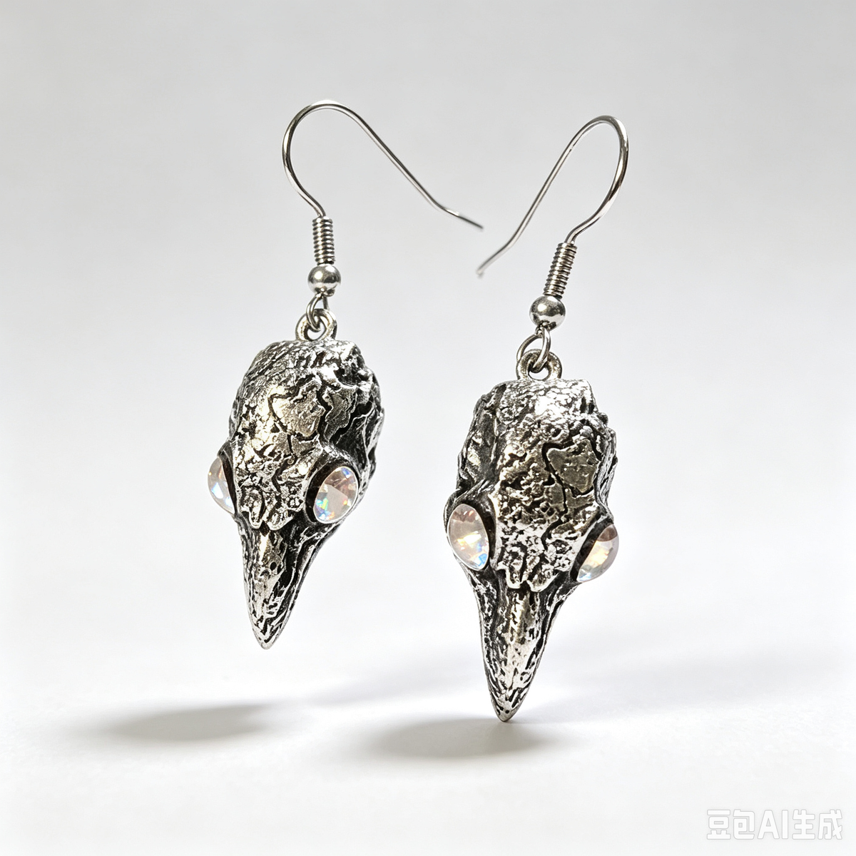 Gothic Raven Skull Dangle Earrings, Antique Silver Bird Skull with Clear Crystal Eyes, Dark Witchy Occult Punk Drop Earrings