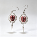 Gothic Brain Cameo Dangle Earrings, Ornate Silver Filigree Frame with 3D Brain Charm and Spike Pendant, Horror Weirdcore Punk Statement Drop Earrings