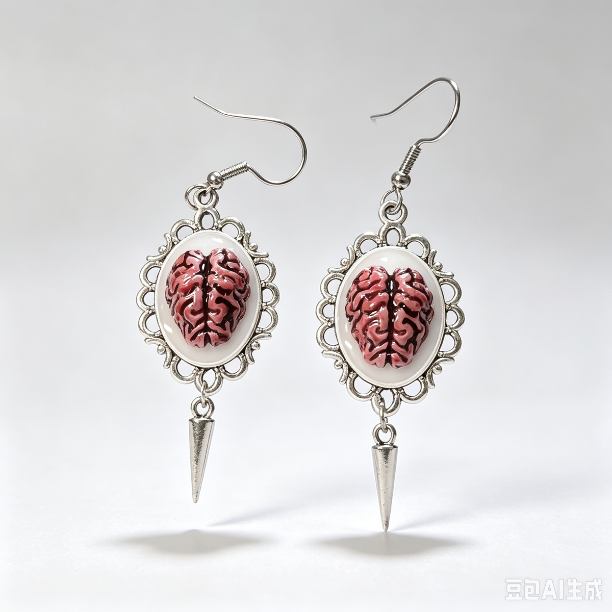 Gothic Brain Cameo Dangle Earrings, Ornate Silver Filigree Frame with 3D Brain Charm and Spike Pendant, Horror Weirdcore Punk Statement Drop Earrings