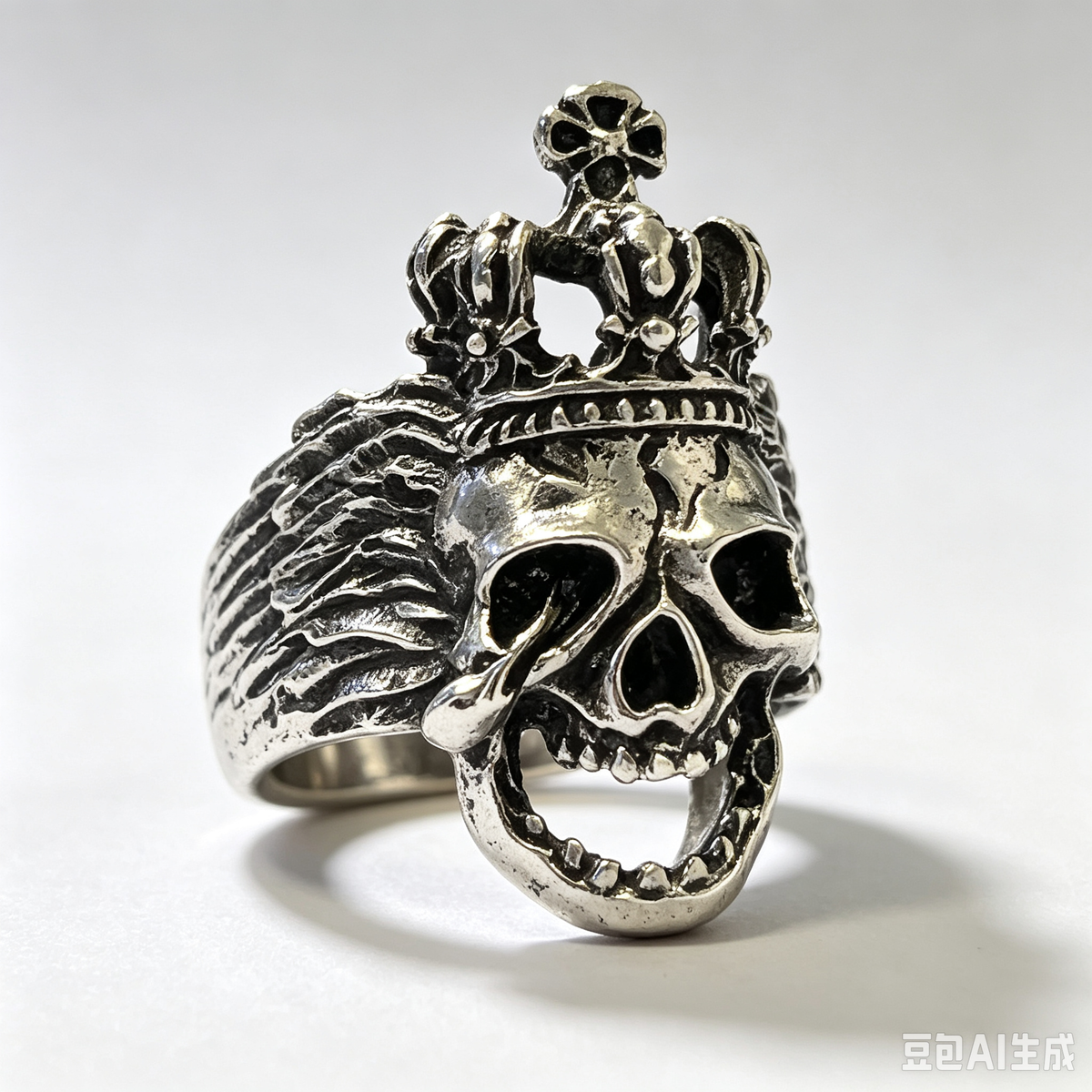 Gothic Crowned Winged Skull Adjustable Ring, Antique Aged Metal King Skull with Crown & Wings, Dark Macabre Punk Statement Open Ring