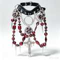 Gothic Black Leather Choker, Red Crystal Bead Necklace with Silver Virgin Mary Medallion, Cross Pendant, Spikes & Chunky Chain, Dark Punk Statement Collar