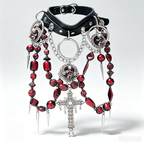 Gothic Black Leather Choker, Red Crystal Bead Necklace with Silver Virgin Mary Medallion, Cross Pendant, Spikes & Chunky Chain, Dark Punk Statement Collar