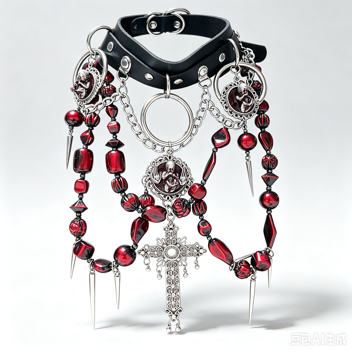Gothic Black Leather Choker, Red Crystal Bead Necklace with Silver Virgin Mary Medallion, Cross Pendant, Spikes & Chunky Chain, Dark Punk Statement Collar