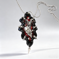 Gothic Demon Skull Necklace, Red Black Resin Pendant with Silver Horned Skull, Spikes & Triangle Drop, Dark Punk Occult Statement Jewelry