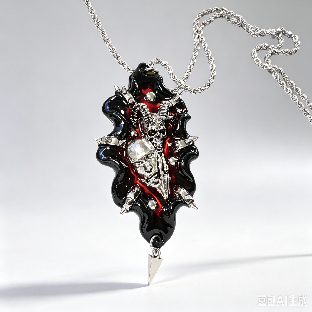 Gothic Demon Skull Necklace, Red Black Resin Pendant with Silver Horned Skull, Spikes & Triangle Drop, Dark Punk Occult Statement Jewelry
