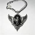 Gothic Winged Raven Skull Necklace, Black Rose Filigree Silver Pendant, Multi-Layer Chain with Black Crystal Beads, Dark Victorian Occult Statement Jewelry